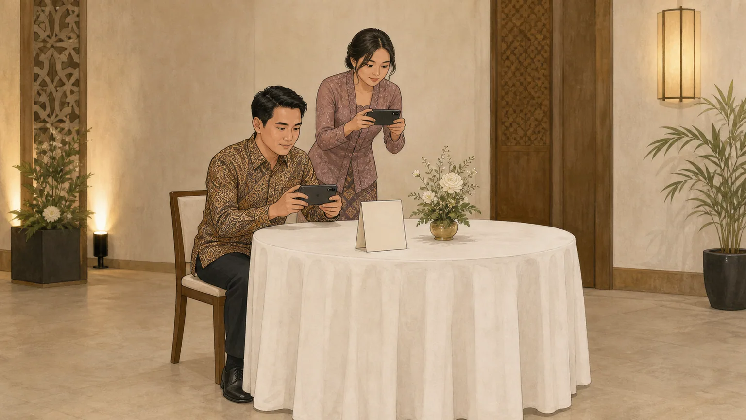 Pasangan dan koordinator menyusun kartu kelompok keluarga dalam satu urutan foto yang sederhana sebelum hari pernikahan.