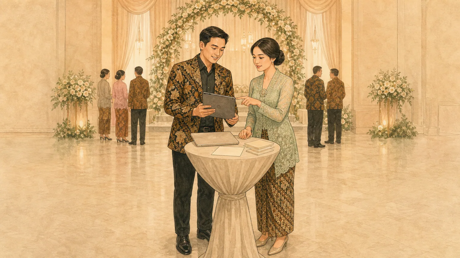 Ilustrasi tangan menyusun satu kartu studi kasus portofolio dengan mockup undangan, catatan visual, dan pratinjau ponsel.