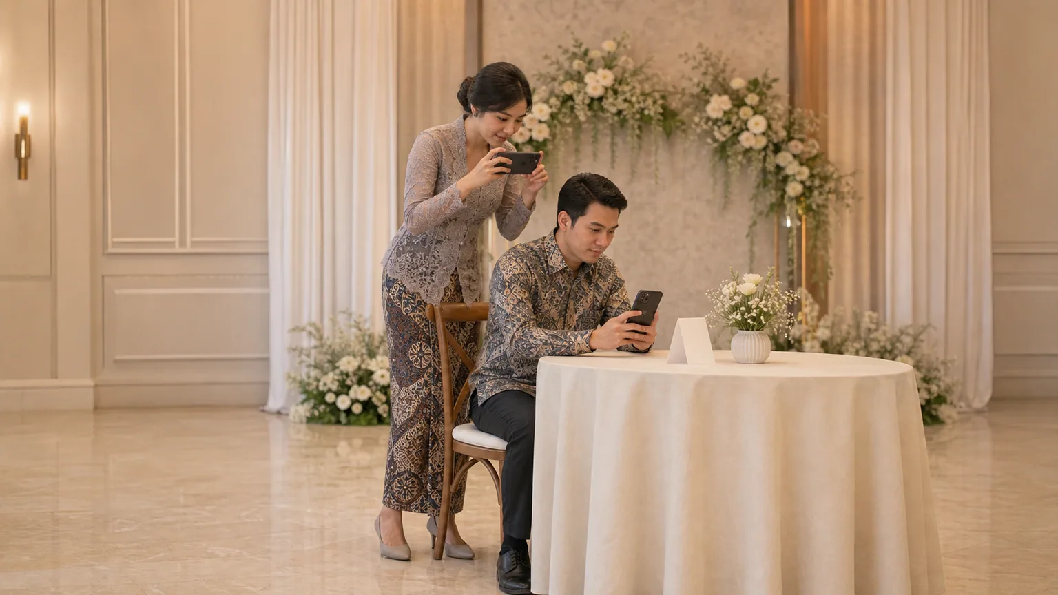 Seorang tamu memotret candid pasangan saat Resepsi setelah prosesi bebas ponsel selesai, tanpa menghalangi jalur acara.
