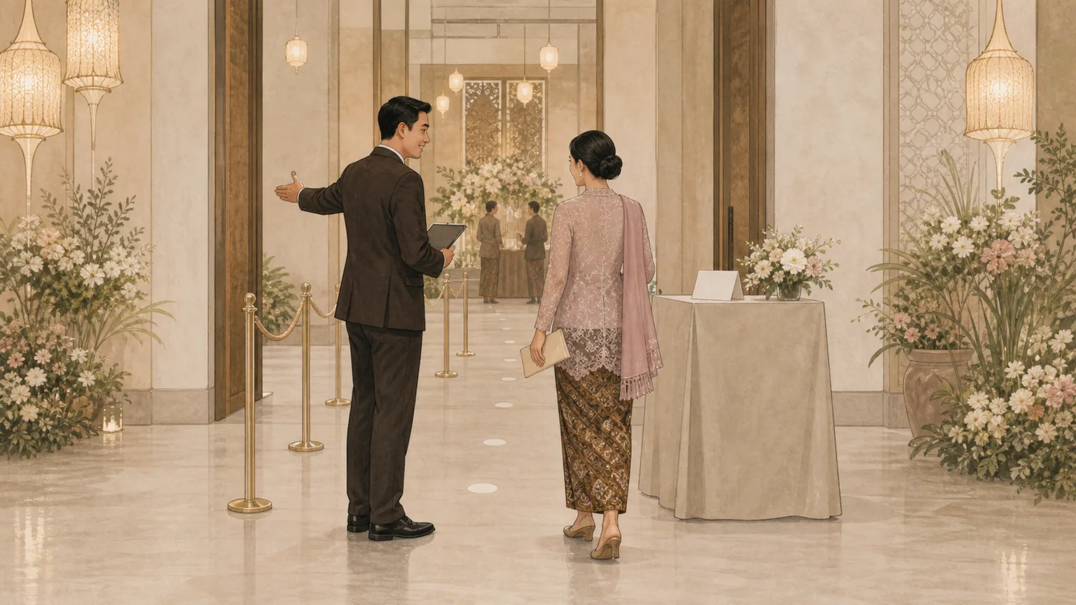 Petugas mengarahkan seorang tamu pada percabangan jalur masuk dan keluar di foyer resepsi.
